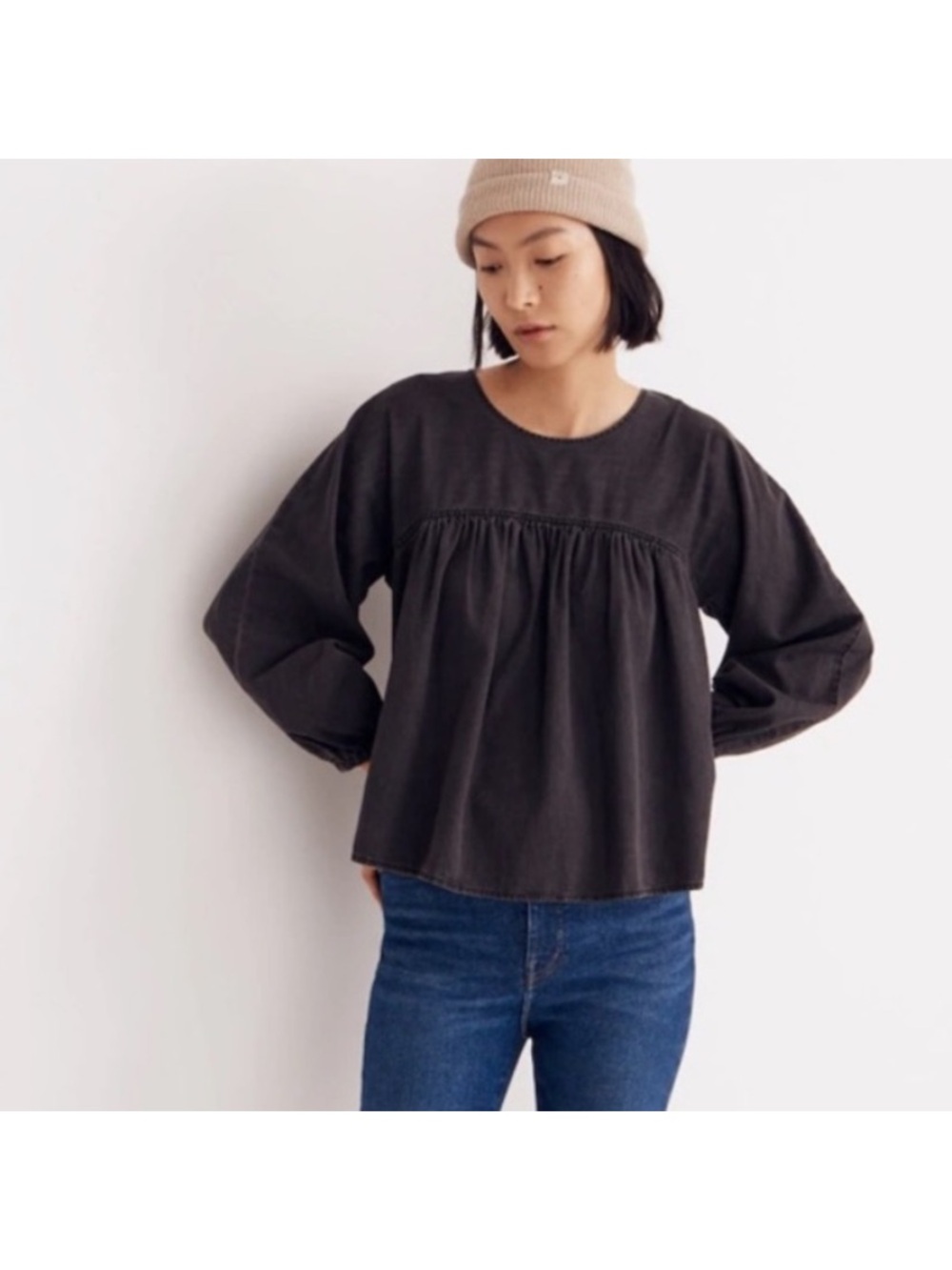 Madewell Denim Shirred Swing Shirt in Stellar Black